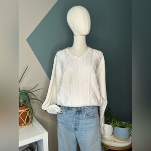 Vintage 90s Liz Sport Sweater Pearl Embellished Cable Knit Preppy Cottagecore MP